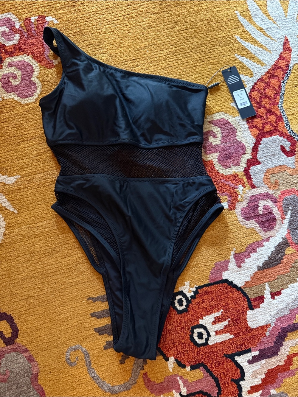 Fashion Nova Black One-Shoulder Mesh Cutout One-Piece Swimsuit